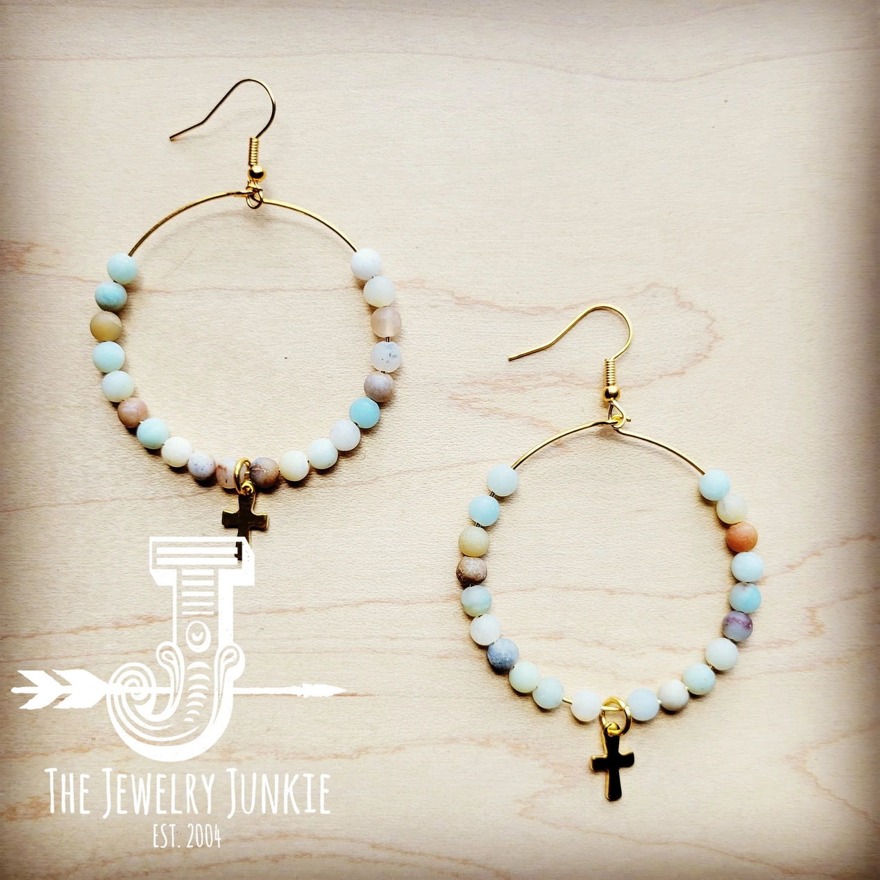 Amazonite Beaded Hoop Dangle Earrings with Cross