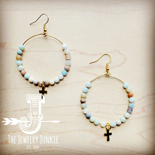 Amazonite Beaded Hoop Dangle Earrings with Cross